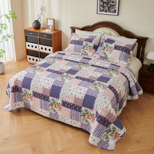 Miniatura 4 de EVENHUG Juego de edredón de retazos de 100% algodón, tamaño King, ligero, floral, juego de ropa de cama, colcha reversible con fundas de almohada
