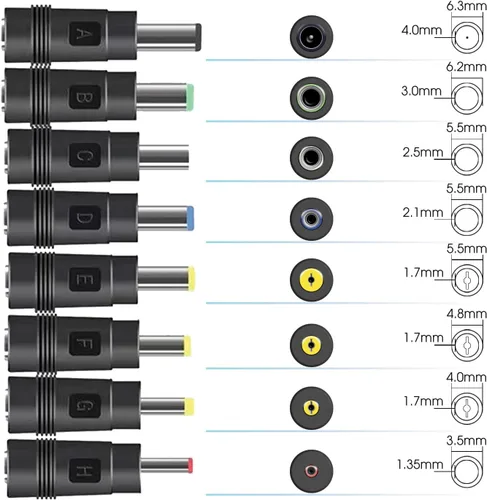 Miniatura 2 de Adaptador DC Kado Juego de 8 Conectores, Hembra 5.5x2.1mm a Macho 6.3x4.0mm 6.2x3.0mm 5.5x2.5mm 5.5x2.1mm 5.5x1.7mm 4.8x1.7mm 4.0x1.7mm 3.5x1.35mm