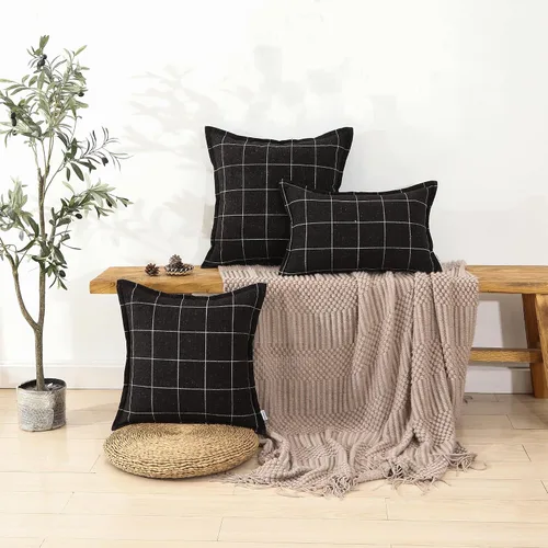 Miniatura 3 de Juego de 2 fundas de almohada de lino a cuadros blancos y negros de estilo bohemio, 16 x 16 pulgadas, color negro