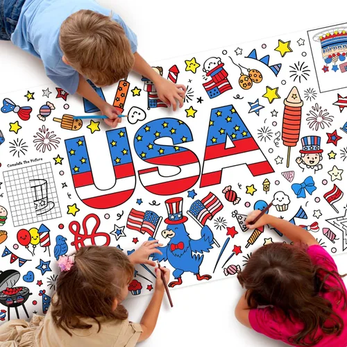 Haooryx Independence Day Coloring Poster - Jumbo 4th of July Retangular Coloring Table Cover Patriotic USA Birthday Party Supplies Decoration Paper