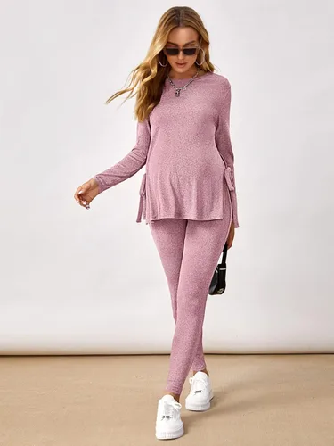Miniatura 3 de OYOANGLE Conjunto de camiseta de maternidad con cuello redondo y nudo lateral para mujer
