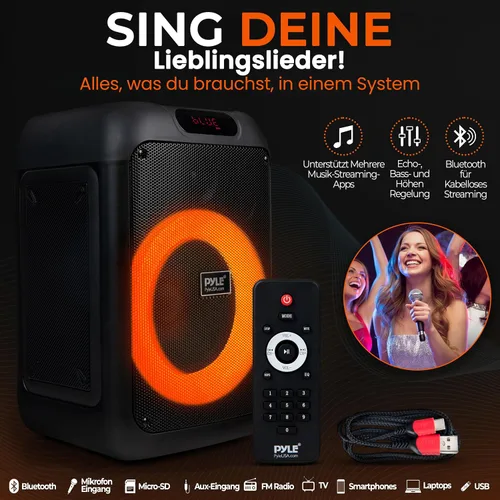 Miniatura 2 de Pyle Altavoz portátil Bluetooth para fiestas con woofer de 8 pulgadas, función TWS, batería recargable de 100W, entrada de micrófono, eco, control