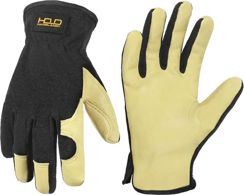 Miniatura 10 de HANDLANDY Guantes de jardinería de cuero para hombre, guantes de trabajo utilitarios para mecánicos, construcción, conductor 3 pares amarillo