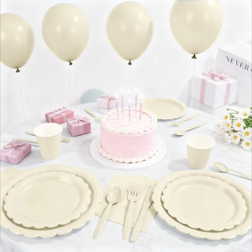 Miniatura 4 de 176 platos y servilletas color marfil, platos festoneados beige, servilletas, vasos, cubiertos, mantel para baby shower, boda, decoración de fiesta