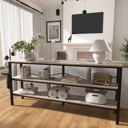 Miniatura 3 de Mesa consola industrial de 71 pulgadas detrás del sofá, mesa de sofá extra larga con estantes de almacenamiento de madera de 3 niveles, mesa de TV