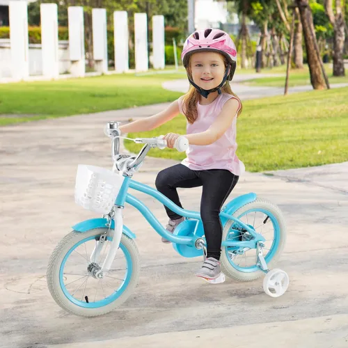 Miniatura 8 de COSTWAY Bicicleta para niños de 12, 14, 16, 18 pulgadas, bicicleta para niños con ruedas de entrenamiento, frenos de mano y posavasos, sillín