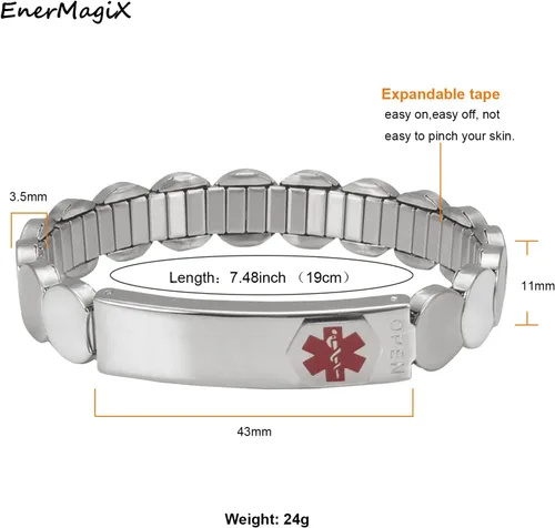Miniatura 2 de Pulseras de identificación de alerta médica para mujer, pulsera elástica ajustable de emergencia de acero inoxidable plateado de 7.48 pulgadas