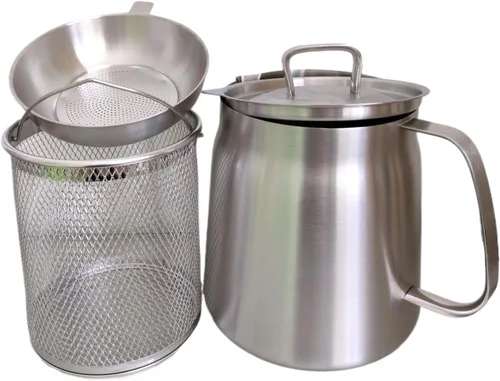 Olla de filtro de aceite de acero inoxidable de 68 onzas con colador extraíble, protector de grasa de tocino, recipiente grande de aceite de cocina