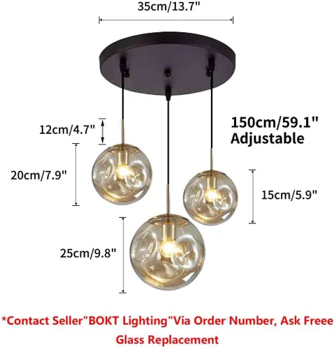 Miniatura 2 de BOKT Lámpara Colgante de Globo de Vidrio Ámbar de 3 Luces, Accesorio de Luz Colgante de Racimo Moderna de Mediados de Siglo, Luz Colgante Múltiple