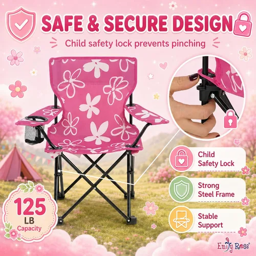 Miniatura 8 de Emily Rose Silla de campamento de playa plegable rosa para niños con portavasos, bloqueo de seguridad y funda de transporte, silla para niñas de 2 a
