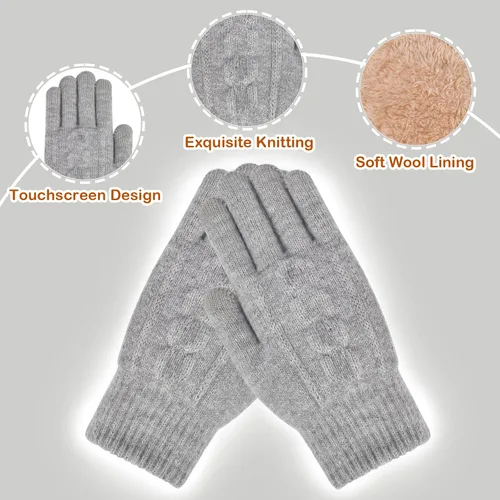 Miniatura 3 de Conjunto de guantes de gorro holgado para mujer, tejido de invierno, cálido, forro polar con bonito pompón