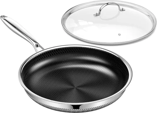 Sartén antiadherente con tapa de 12 pulgadas, sartenes de cerámica híbrida de triple capa de acero inoxidable antiadherentes con tapa, sartenes