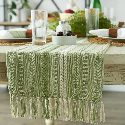 Miniatura 5 de DII Farmhouse - Camino de mesa trenzado a rayas, 15x72 (15x77, con flecos incluidos), verde antiguo