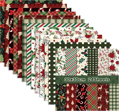24 hojas de papel de álbum de recortes con patrón navideño, 12 x 12 pulgadas, doble cara, rojo y verde, texturizado, floral, papel plegable para