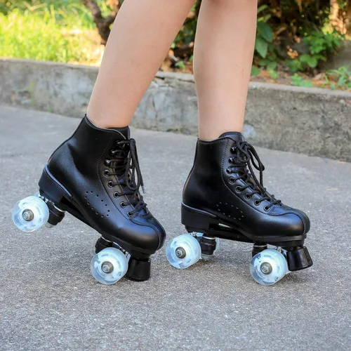 Miniatura 5 de Patines de ruedas para hombres y mujeres, patines Derby negros con 4 ruedas brillantes, patines clásicos de doble fila para interiores y exteriores