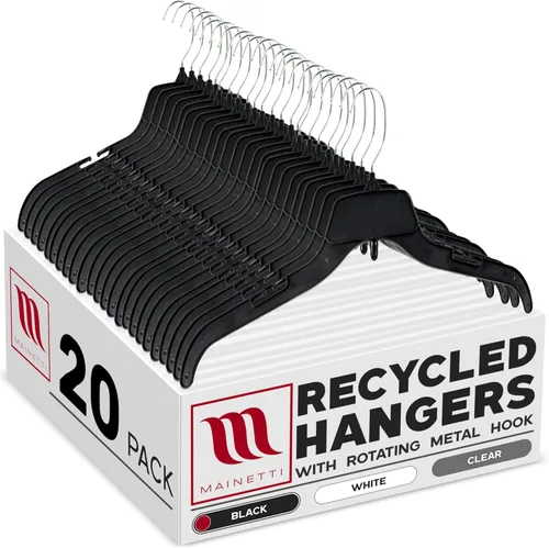 Mainetti 484 - Ganchos de plástico negro reciclado - Paquete de 20 con colgador giratorio de metal y muescas para tirantes, ideal para camisas,
