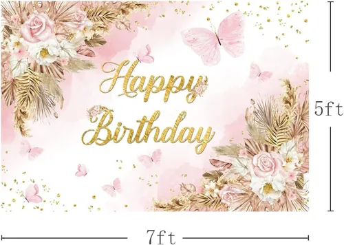 Miniatura 3 de MEHOFOND Telón de fondo bohemio de feliz cumpleaños de 7 x 5 pies para niñas, color rosa rubor, floral, bohemio, hierba de pampas, pasteles