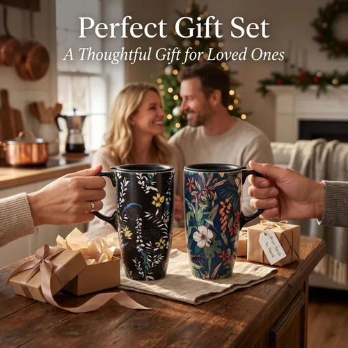 Miniatura 4 de DUSVALLY Juego de 2 tazas de café de cerámica de 17 onzas con tapa, tazas de café de viaje florales para oficina en casa, aptas para microondas