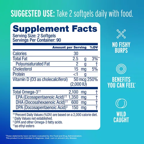 Miniatura 2 de Aceite de pescado profesional Oceanblue con vitamina D3 Triple fuerza 2100mg Omega-3 DPA EPA DHA Captura salvaje Sabor a naranja sin eructos