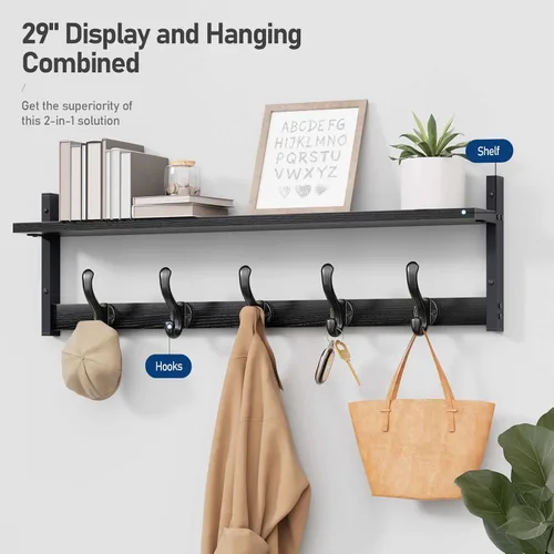 Miniatura 2 de Tatub Perchero rústico de 29 pulgadas con estante, ganchos de pared de entrada con estante, perchas para baño, sala de estar, dormitorio, negro