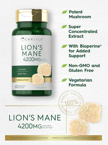 Miniatura 3 de Carlyle Lions Mane - Cápsulas de hongos 60 unidades Fórmula corporal fructífera con extracto de pimienta negra Suplemento vegetariano, sin
