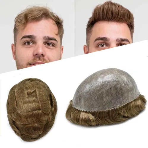 Miniatura 27 de Toupee para hombres Sistema de reemplazo de cabello humano Full Poly Mens Toupee Hairpiece inyectado PU peluca para hombre sistemas de cabello 1B#