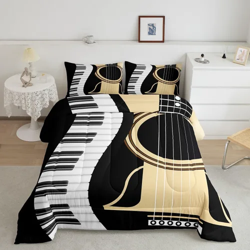 Erosebridal Juego de edredón de guitarra, tamaño Queen para niños y niñas, juego de ropa de cama con teclados de piano, juegos de ropa de cama Multi