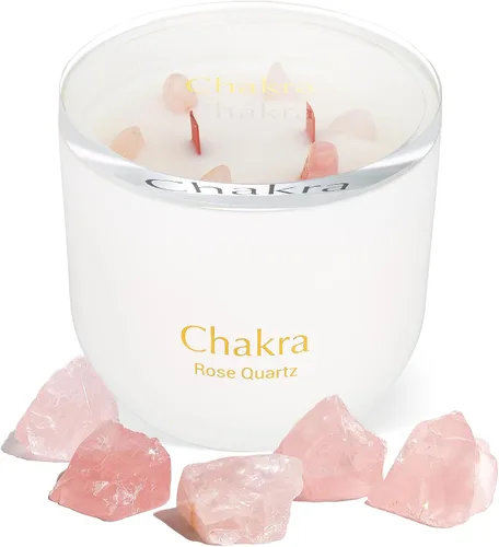 Vela de cristal de cuarzo rosa, cera de soja de 12 onzas para aromaterapia para meditación y alivio del estrés, mechas de madera agrietada duales, 6