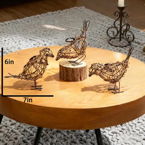 Miniatura 4 de Juego de Decoración de Granja de 3 Estatuas de Pájaros - Adorno Navideño - Figuras de Pájaros de Ratán Natural Tejidas a Mano para Decoración