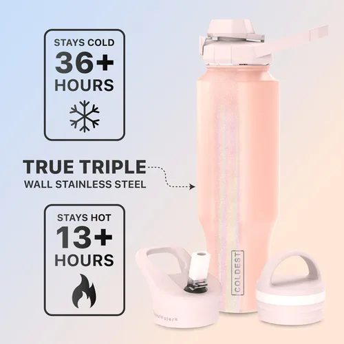 Miniatura 2 de Botella de agua deportiva más fría - Tapas 3 en 1 (Trago, Pajita, Asa) - Vaso aislado de acero inoxidable con asa - Taza de agua al vacío, regalos