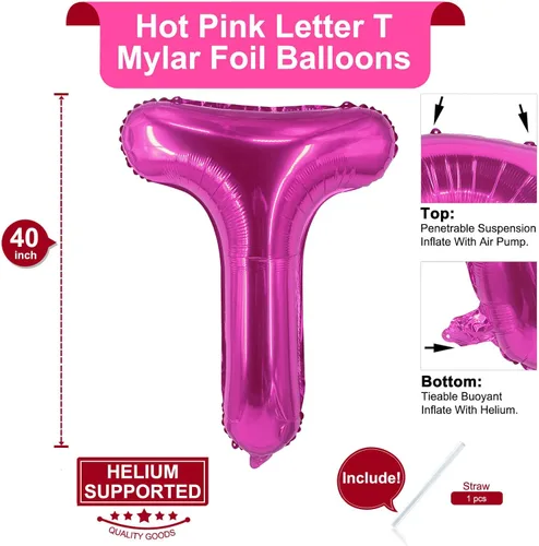 Miniatura 2 de Lovoir Globos grandes de 40 pulgadas de color rosa intenso con la letra T de gran tamaño, globo de helio de aluminio de Mylar para decoración