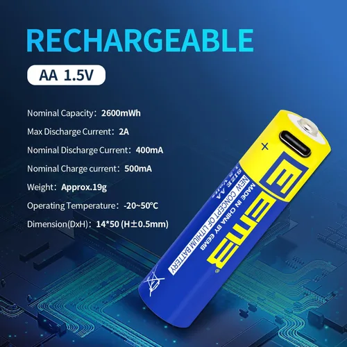Miniatura 2 de EEMB Paquete de 12 baterías AA recargables AA de 1.5 V, baterías de litio AA USB 4 en 1 USB tipo C, batería de repuesto de cable de carga de 2600