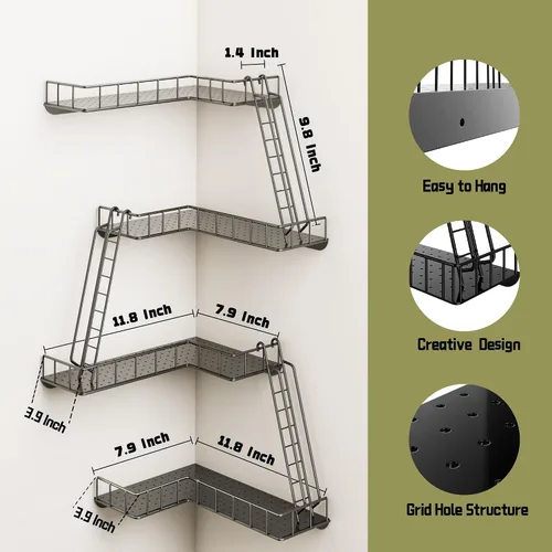 Miniatura 3 de Estante de pared Fire Escape – Estantes de pared esquineros de 4 niveles de estilo urbano moderno, estante de escalera de metal fácil de instalar