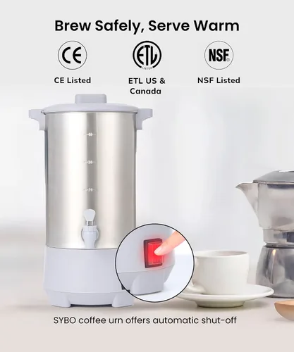 Miniatura 5 de SYBO Urna de café de 45 tazas, cafetera de percolado de acero inoxidable de grado comercial, filtro extraíble, fácil de limpiar, urna de agua