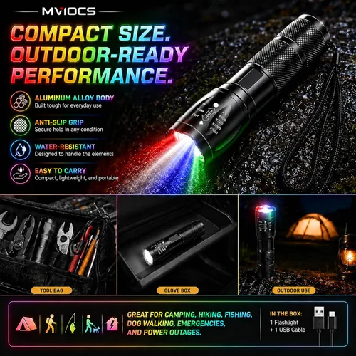 Miniatura 7 de Linterna recargable roja 4 en 1, linterna LED multicolor (blanco/rojo/azul/verde) con 4 modos, linterna con zoom de alto lúmenes para camping