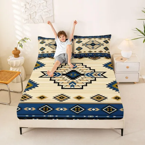 Miniatura 6 de Homewish Western Fitted Sheets Twin Size (No Flat),Retro Country Tribal Bedding Set 2Pcs,Kids Girls Boys Room Decor,Southwest Aztec Stripes Bed