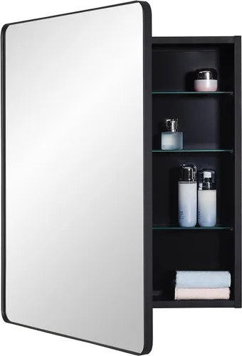Miniatura 13 de IDYLLOR Gabinete de espejo de baño negro para medicinas con puerta con esquinas redondas y borde biselado, 15 x 25 pulgadas, montaje empotrado