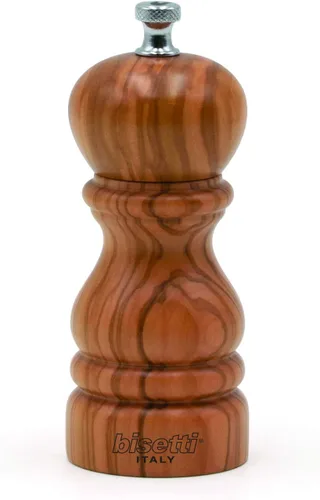 Bisetti Imperia Molinillo de pimienta de madera de olivo de 5,12 pulgadas con molinillo ajustable Natural