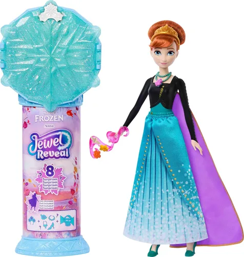 Mattel Disney Frozen Muñeca de moda Anna con accesorios y 8 sorpresas, incluyendo caja de gemas de copos de nieve, anillo para niños y 9 piezas de