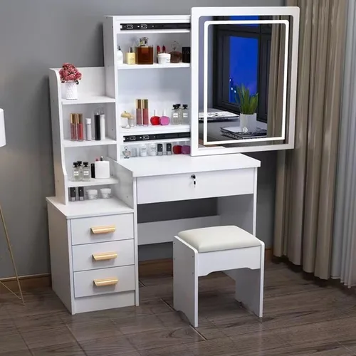 Miniatura 2 de Escritorio de tocador con espejo iluminado LED, mesa de tocador de maquillaje con 4 cajones para dormitorio, baño, tocador con luces, tocador