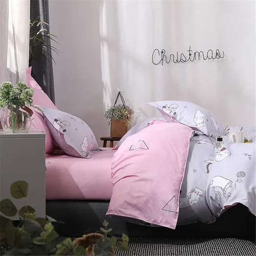 Miniatura 6 de Omelas - Juego de funda de edredón gris para niñas, tamaño Queen, Matrimonial, con encantadores gatos que juegan con geometría rosa, funda