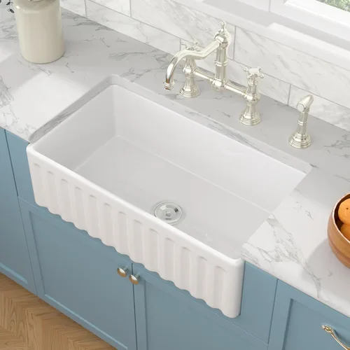 Miniatura 21 de Sarlai - Fregadero de cocina de granja blanco de 33 pulgadas, fregadero de 84 x 51 cm con delantal frontal de cerámica de porcelana vítrea