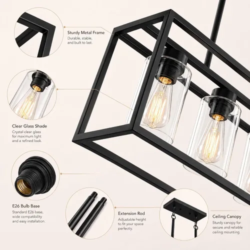 Miniatura 4 de Lámpara de comedor negra de 5 luces, candelabros modernos de granja, iluminación rectangular lineal para isla de cocina, iluminación colgante