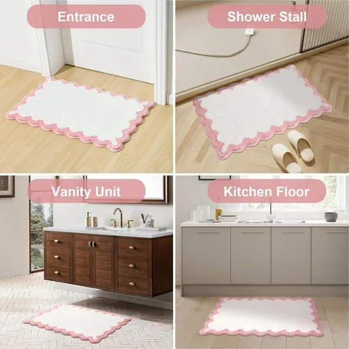 Miniatura 8 de ORTIGIA Pequeña y Linda Alfombra de Baño con Volados, Alfombras de Baño de Microfibra de Lujo en Blanco y Rosa, Antideslizante, Lavable, de Secado