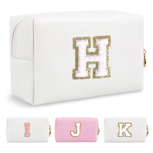 Miniatura 253 de Pequeña bolsa de maquillaje personalizada con inicial A-Z Preppy Patch, bolsa de cosméticos de viaje de felpilla blanca con cremallera, bonita bolsa