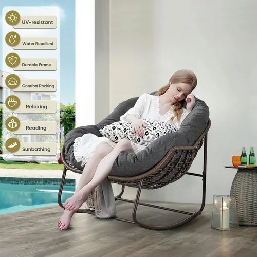 Miniatura 5 de Antetek Silla mecedora para patio al aire libre, cómoda silla de mimbre con cojín acolchado, mecedora de gran tamaño para interiores y exteriores