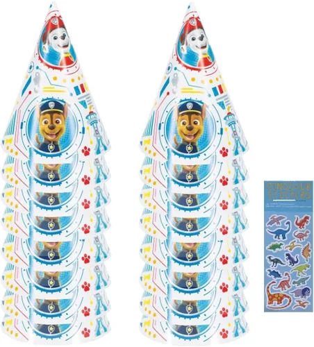 Unique Paw Patrol Birthday Party Supplies Bundle Pack includes Party Cone Hats and 1 Dinosaur Sticker Sheet - 16 Hats