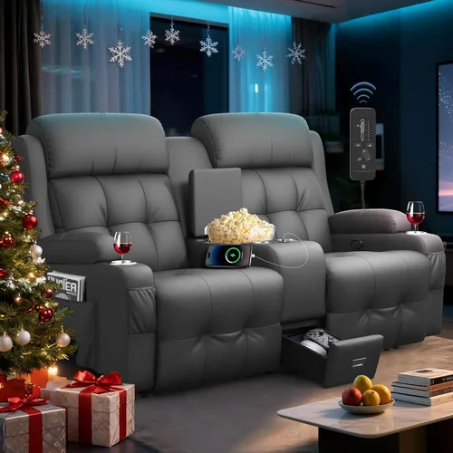 Miniatura 15 de Sofá reclinable biplaza, asiento de cine en casa de 4 plazas, sofá reclinable con USB, consola central, sillón reclinable de pared para caravana