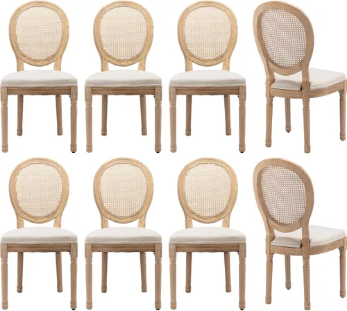 Miniatura 40 de Juego de 4 sillas de comedor francesas vintage, con respaldo redondo, tapizadas, de piel sintética, con ribete de cabeza de clavo y marco de madera