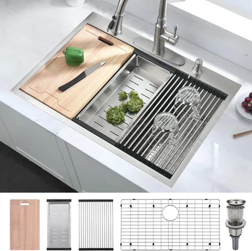 Miniatura 15 de Fregadero de cocina de 33 x 19 pulgadas, estación de trabajo de montaje superior, de acero inoxidable calibre 16, fregadero de cocina de un solo